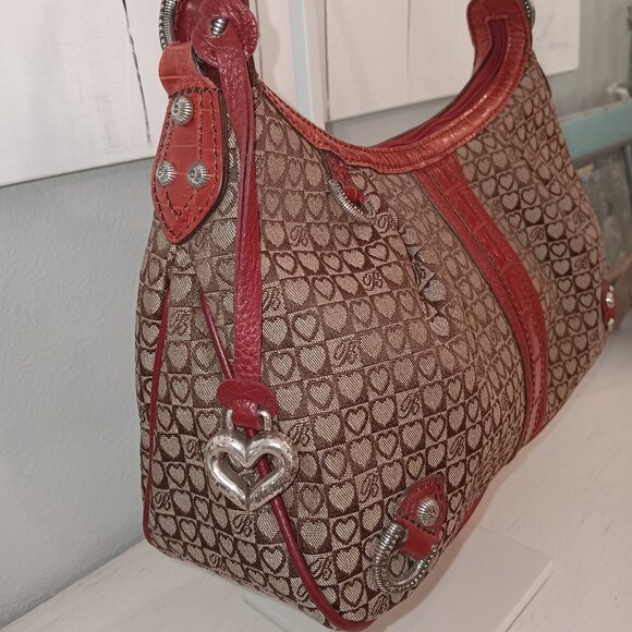 💥 LIKE NEW💥GORGEOUS BRIGHTON RED LEATHER BROWN SIGNATURE CANVAS HOBO BAG - Picture 4 of 8